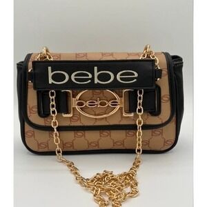 Bebe Leilani Monogram Chain Shoulder Bag Almond Tan Black Gold NWT